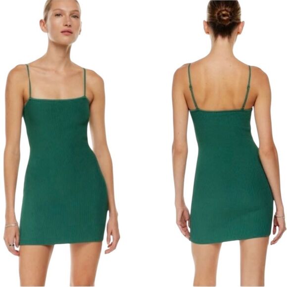Aritzia Babaton Square Neck Sculpt Knit Dress Gloss Green Ribbed Bodycon Fitted - Picture 1 of 7